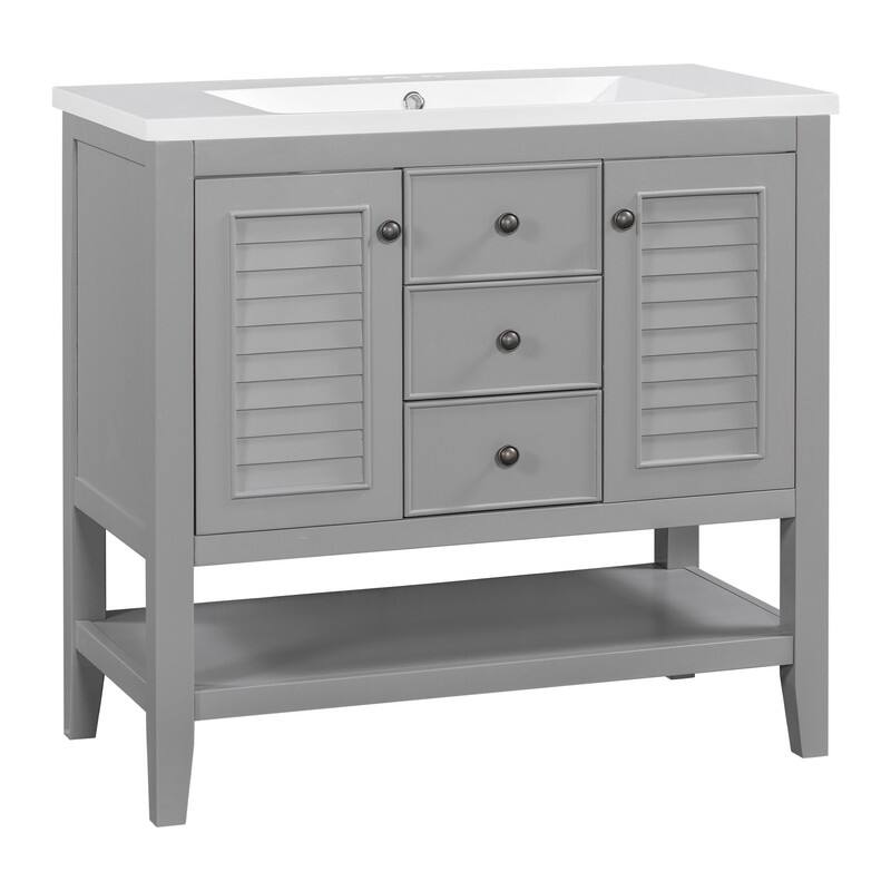 36" Bathroom Vanity with Ceramic Basin, Two Drawers and Open